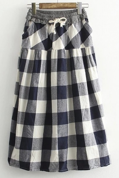 Elastic Waist Maxi Plaid A-Line Skirts