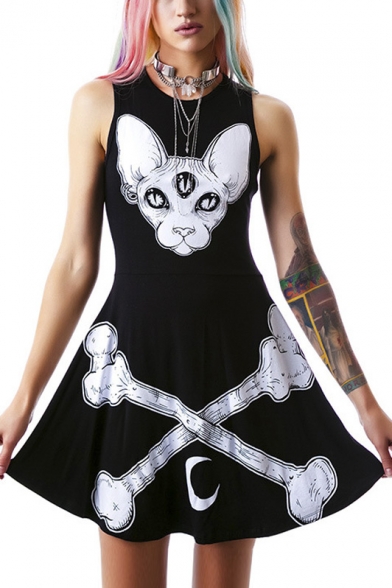 Animal & Bones Print Sleeveless Skater Mini Dress