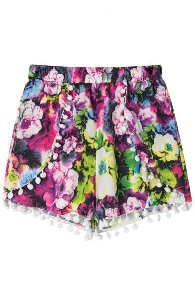 Fashion Summer Beach Women Pom Pom Trim Floral Print/Plain Tulip Shorts