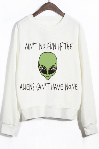 Crew Neck Ribbed Sleeves Alien Print Graphic Sweatshirt