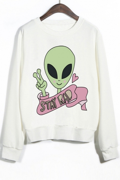 Crew Neck Ribbed Sleeves Alien Print Graphic Sweatshirt