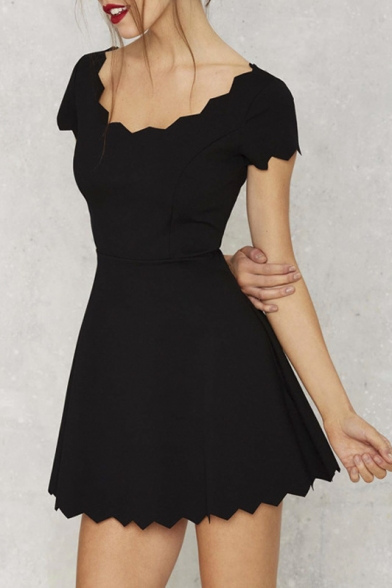 Scalloped-Edge Scoop Neck Short Sleeve Sexy A-Line Mini Plain Dress