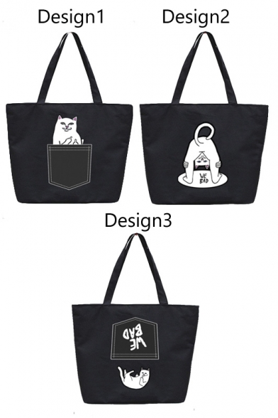Women Fashion Pocket Cat Print Shoulder Shopping Bag