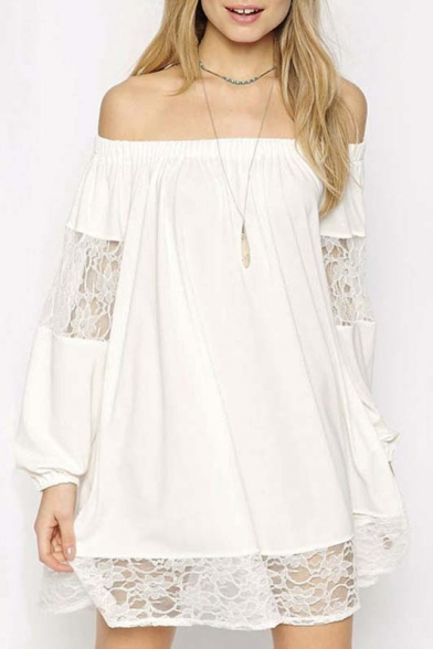 Chic Off The Shoulder Balloon Sleeve Sheer Loose A-Line Mini Dress