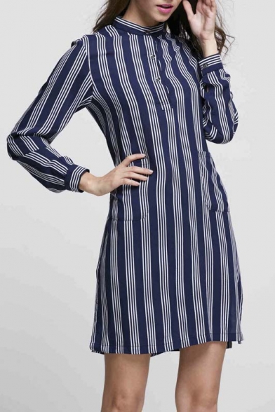 Stand Up Collar Button Front Striped Long Sleeve Shirt Dress Mini Shift Dress