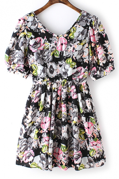 Cute V-Neck Short Sleeve Floral Print Pleat Mini Dress