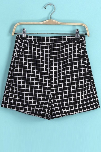 Fashion Women Zipper Fly High Waist Check Pocket Hot Pants Shorts