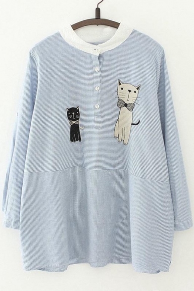 Cat&Button Embellish Round Neck Long Sleeve Striped Loose Blouse