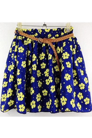 Fashion A-line Ditsy Print Gathered Waist Swing Mini Skirt