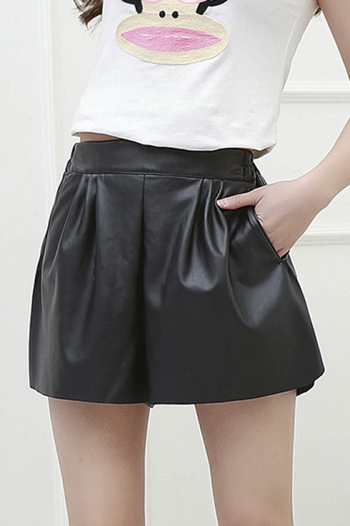 Fashion Women Gathered Waist Wide Fit Leather Short Culottes Shorts