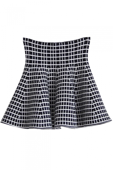 Fashion Women Elastic Waist Check Print A-line Swing Skirt