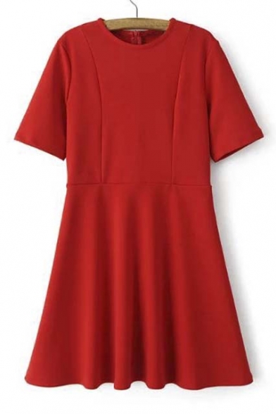 Short Sleeve Round Neck Plian Slim Fit Dress A-Line Dress