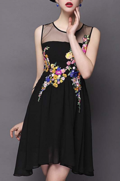 Tulle Sheer Neck Sleeveless High Low Hem Flower Embroidery A-Line Mini