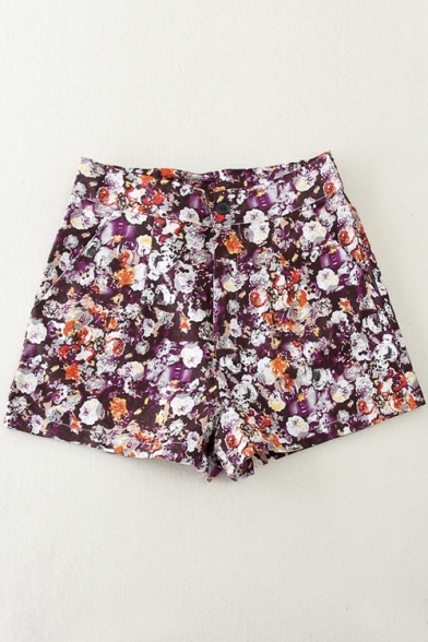 Fashion Women Floral Print Pocket Denim Hot Pants Shorts