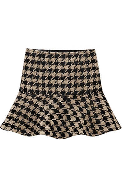 Fashion Women Zipper Fly Houndstooth Print Ruffled Hem Knitted Skirt