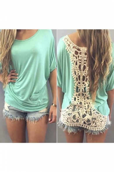 Hot Sexy Round Neck Short Sleeve Hollow Back Lace Embellish Loose Tee
