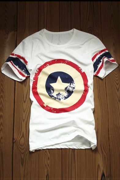 Super Hero Captain America Print Round Neck Short Sleeve T-Shirts