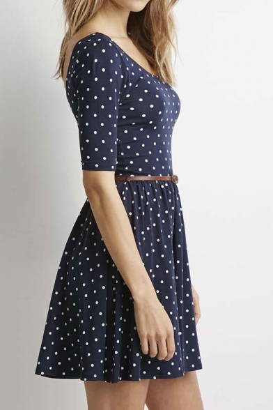 Polka Dot Scoop Neck Half Sleeve A-Line Mini Dress - Beautifulhalo.com