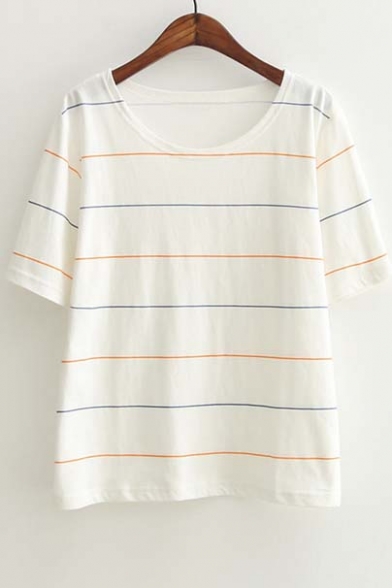 Round Neck Short Sleeve Casual Striped Tee