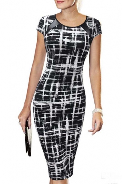 Abstract Print Round Neck Short Sleeve Bodycon Sexy Midi Dress