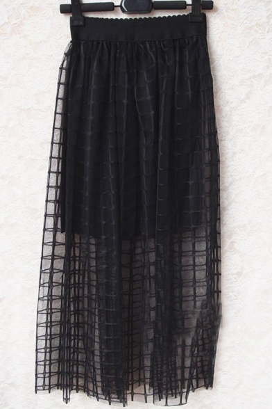 Fashion Women Elastic Waist Mesh Check Layered Ankle-length Skirt