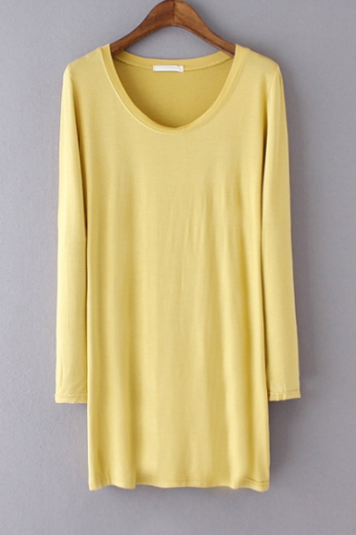 Plain V-Neck Long Sleeve Comfortable Midi Dress - Beautifulhalo.com