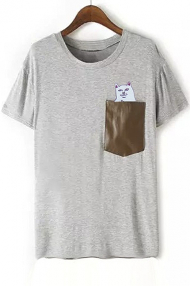 Cute Cat Print Short Sleeve Round Neck Pocket Embellish Tee&Tops