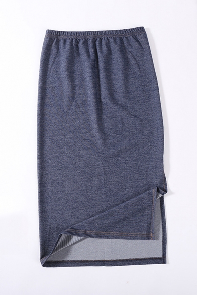 Fashion Women Elastic Waist Denim Side Slit Pencil Tube Tea-length Skirt