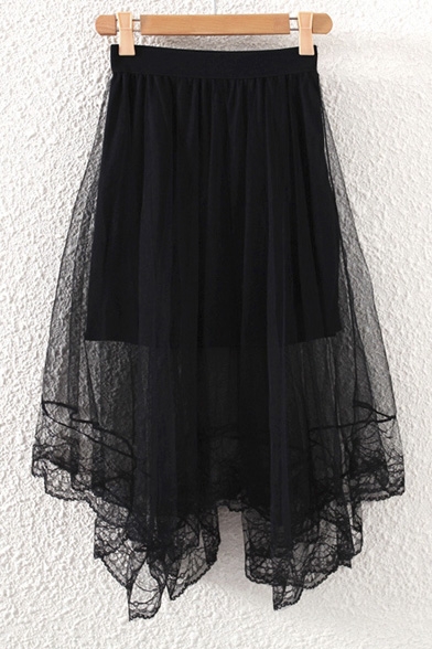 Fashion Women Elastic Waist Mesh Layered Asymmetrical Lace Trim Skirt