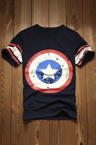 Super Hero Captain America Print Round Neck Short Sleeve T-Shirts