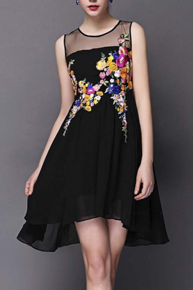 Tulle Sheer Neck Sleeveless High Low Hem Flower Embroidery A-Line Mini Dress
