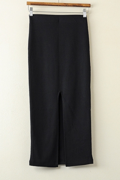 Fashion Women Plain Slit Hem Tea-length Pencil Skirt - Beautifulhalo.com