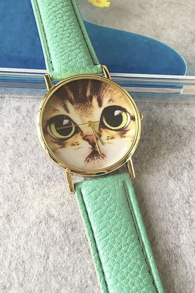 Fashion Women's Cat Print Leather Quartz Watch