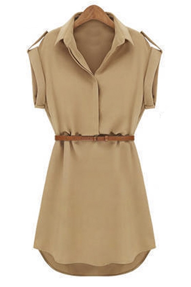 Lapel Cap Sleeve Plain Elegant Mini Shirt Dress
