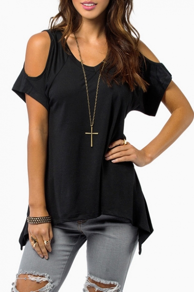 Women Hollow Out Casual Shirt Short Sleeve Off Shoulder Tunic Tops