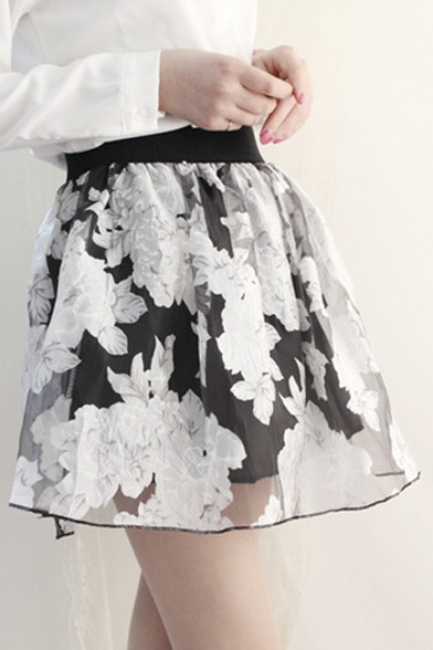 Fashion Women A-line Sheer Layer Floral Short Mini Skirt
