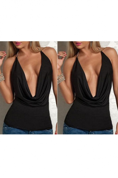 Sexy Halter Plunge Cowl Neck Backless Top