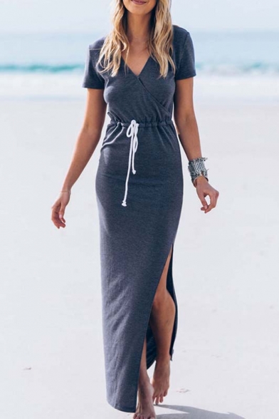 Split Side Chic V-Neck Short Sleeve Drawstring Wasit Maxi Palin Dress