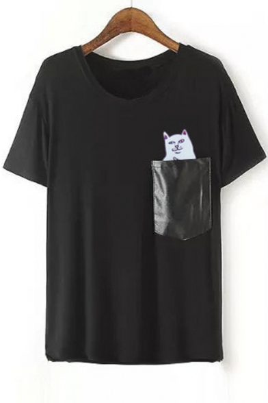 Cute Cat Print Short Sleeve Round Neck Pocket Embellish Tee&Tops