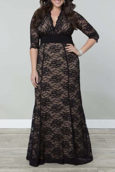 New Fashion Plus Size V Neck Half Sleeve Lace A Line Maxi Dress