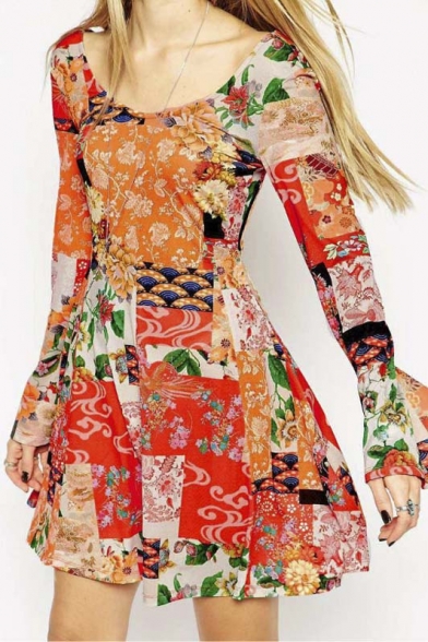 Scoop Neck Long Sleeve Colorful Floral Print A-Line Mini Dress