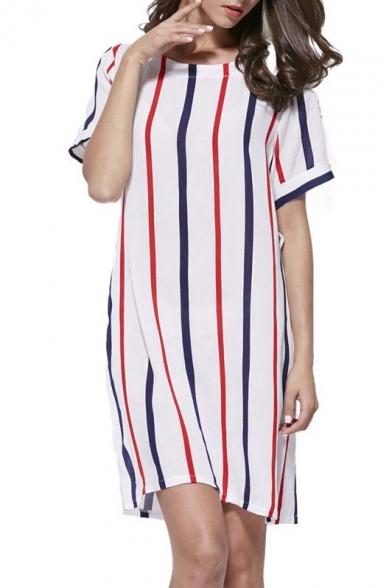 Casual Round Neck Short Sleeve Striped Mini Shift Dress