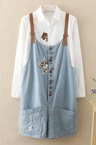 Cute Cat Embroidery Button Through Double Pockets Loose Denim Overalls ...