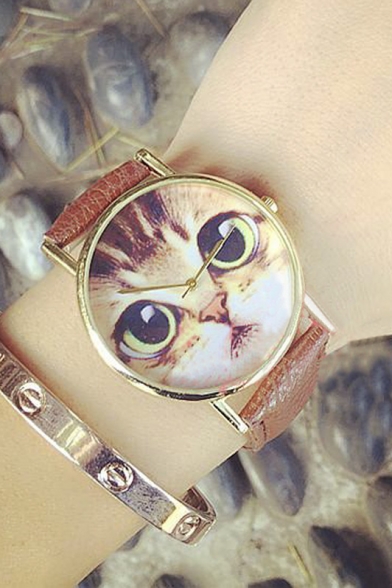 Fashion Women's Cat Print Leather Quartz Watch
