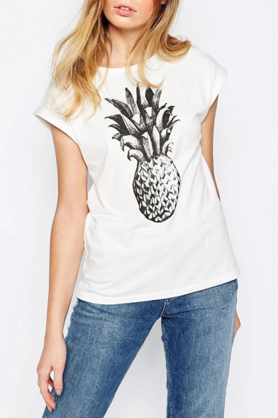 Simple Fashion Round Neck Cap Sleeve Casual Fruit Print Tee