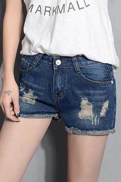 Fashion Women Distressed Frayed Hem Zipper Fly Denim Shorts