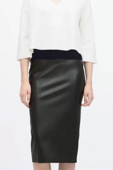 Fashion Women Elastic Waist Leather Tea-length Pencil Tube Skirt
