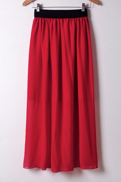 Fashion Women Elastic Waist Plain Chiffon Ankle-length Skirt
