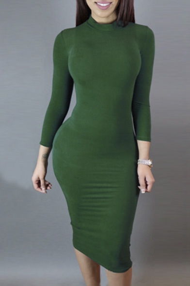 Sexy High Neck Long Sleeve Bodycon Plain Maxi Dress