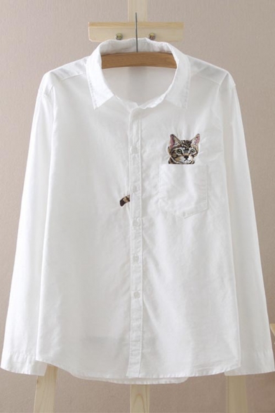 Kawaii Lapel Button Down Cat Embroidery Long Sleeve Blouse Tops